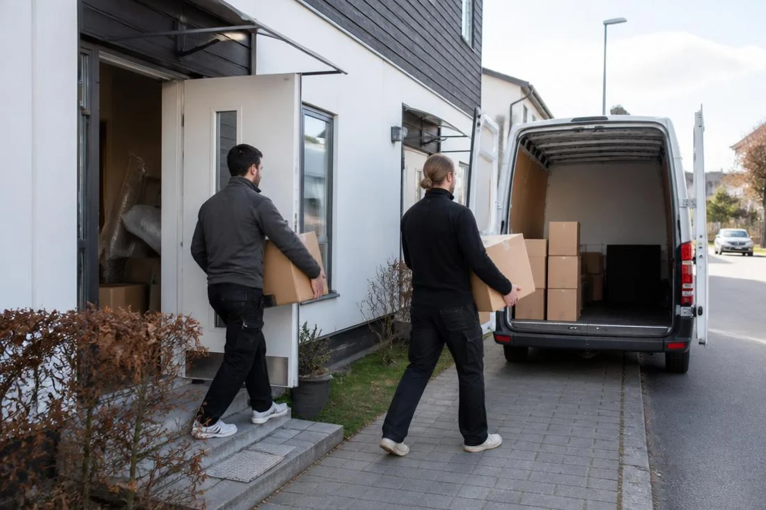 Flyttfirma bär flyttkartonger vid en bostad i Nacka