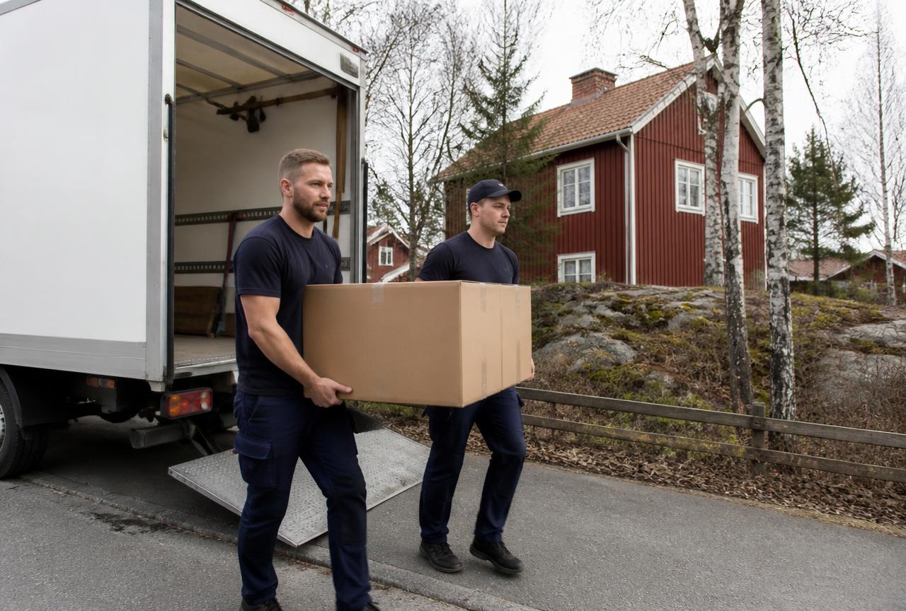 Två flyttkarlar bär en flyttkartong från en flyttbil utanför ett hus i Nacka