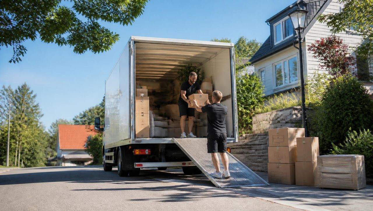 Flyttbil med ramp och flyttarbetare som lastar kartonger på en bostadsgata