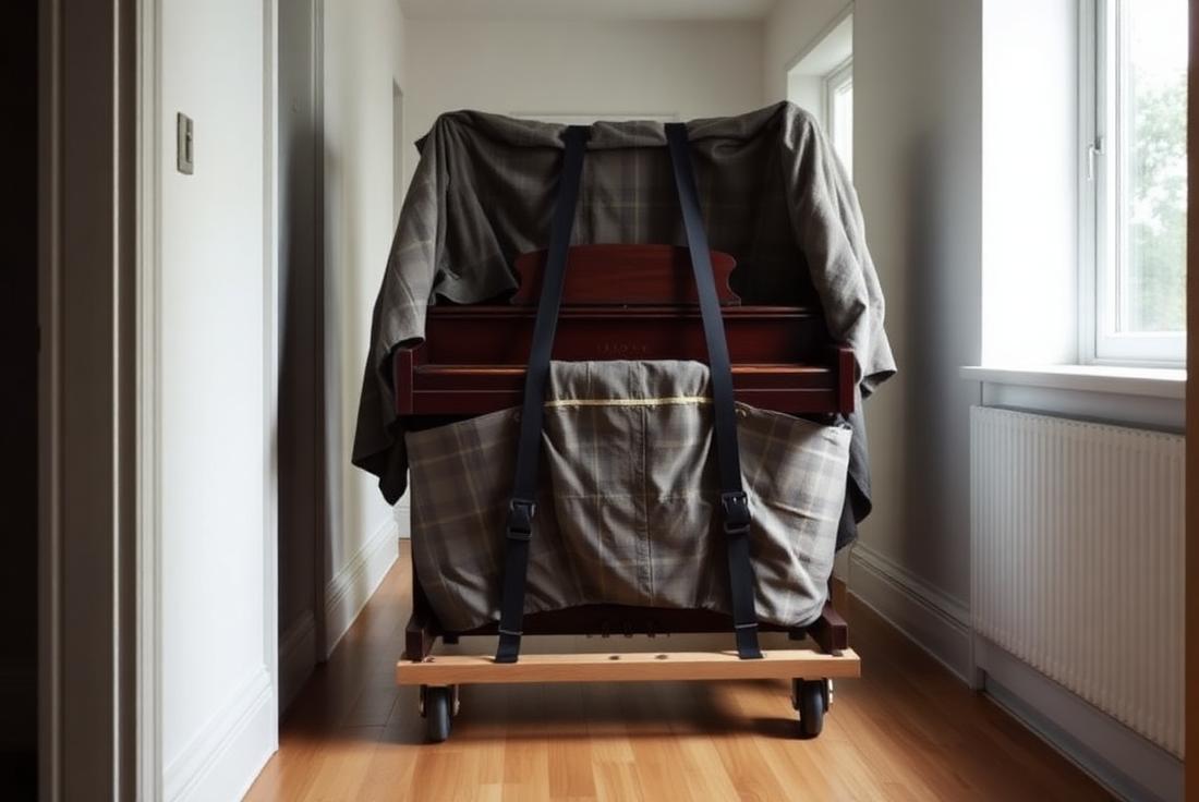 Piano som lyfts försiktigt vid en flytt av ett hem